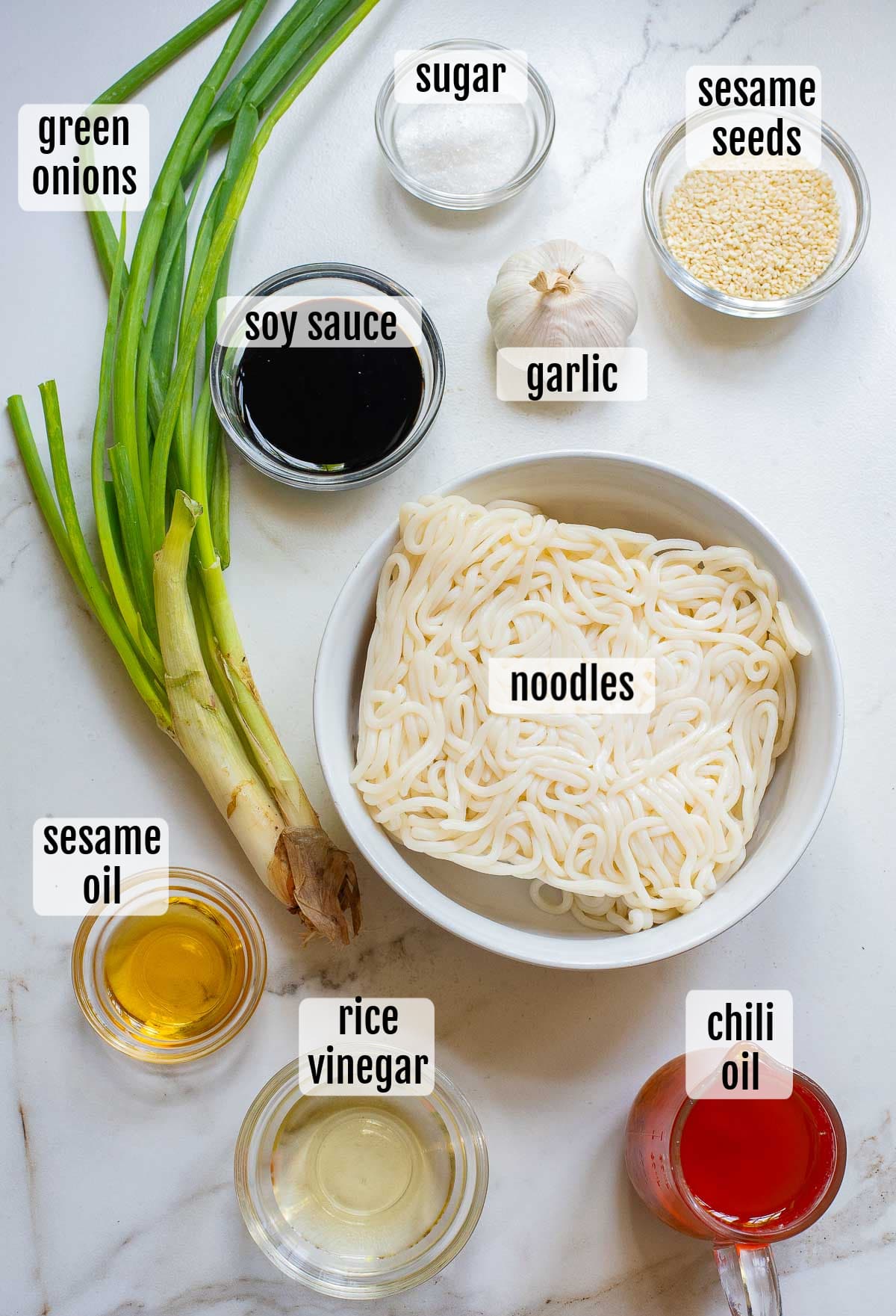 Top-down view of various ingredients arranged on a white surface, including green onions, soy sauce, garlic chili oil, sugar, sesame seeds, a bowl of noodles, sesame oil, rice vinegar. Each ingredient is labeled with text.