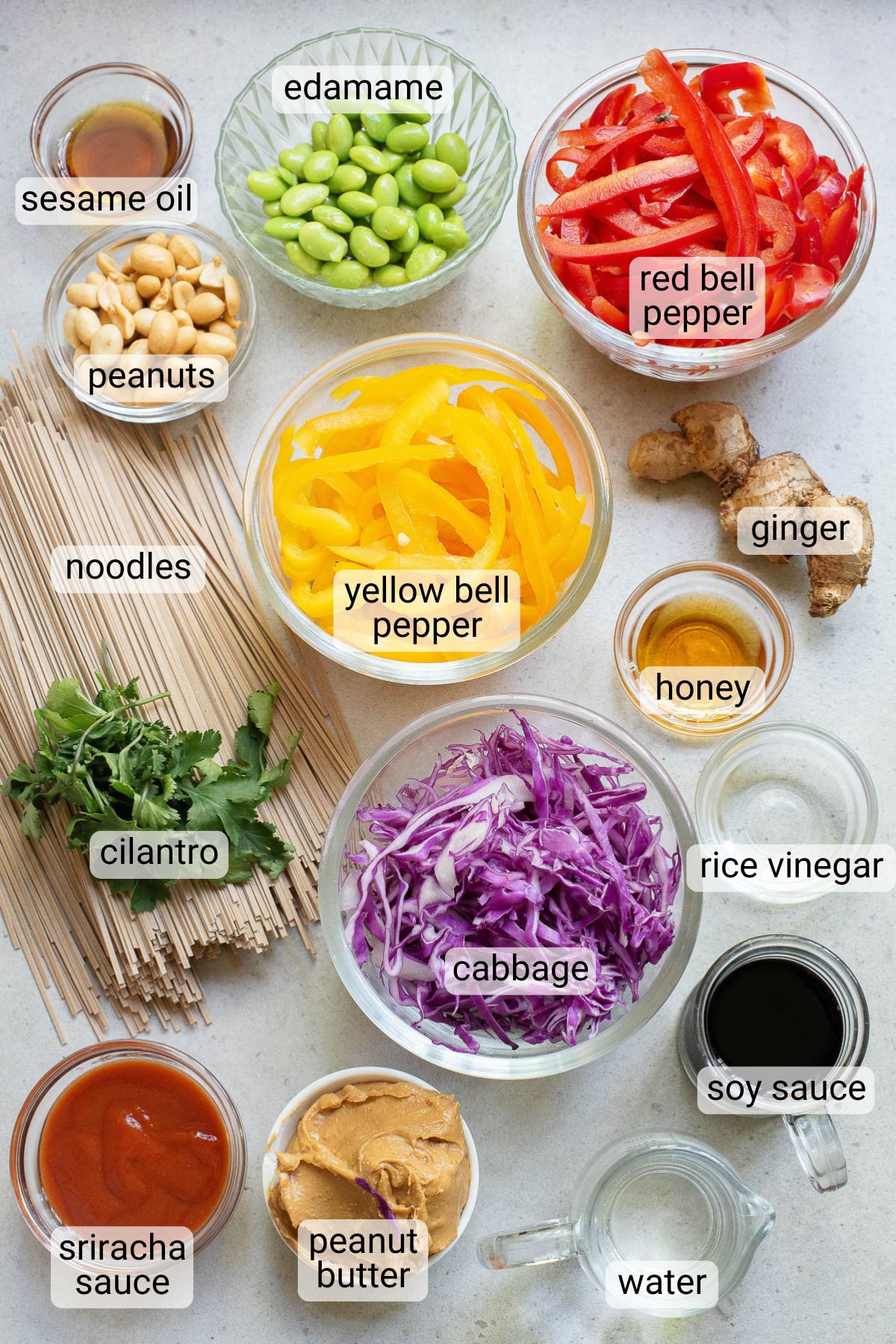 Top view of various ingredients neatly arranged and labeled for making a dish: sliced red and yellow bell peppers, edamame, shredded cabbage, ginger, noodles, cilantro, peanuts, sesame oil, honey, rice vinegar, soy sauce, water, peanut butter, and sriracha sauce.