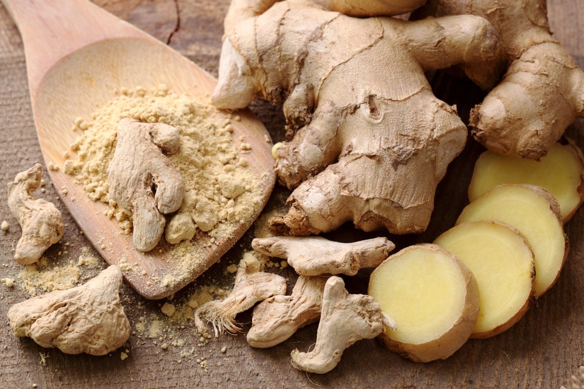 A wooden spoon filled with ground ginger powder is surrounded by whole ginger roots and several slices of fresh ginger on a wooden surface. The fresh ginger slices display a light yellow interior contrasting with the brown, rough exterior of the whole roots.