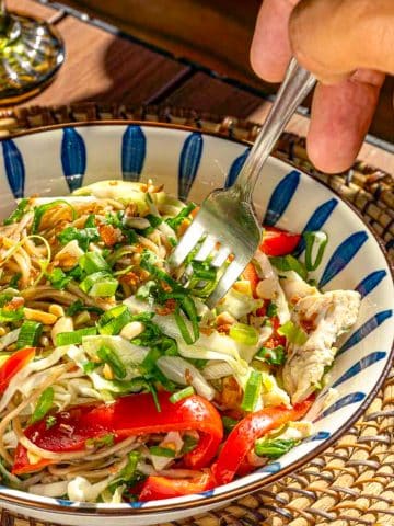 A fork takes a portion of a noodle salad from a striped ceramic bowl. The salad is garnished with chopped green onions, red bell peppers, and what appears to be shredded cabbage or lettuce. The bowl rests on a woven placemat with a glass of liquid nearby.