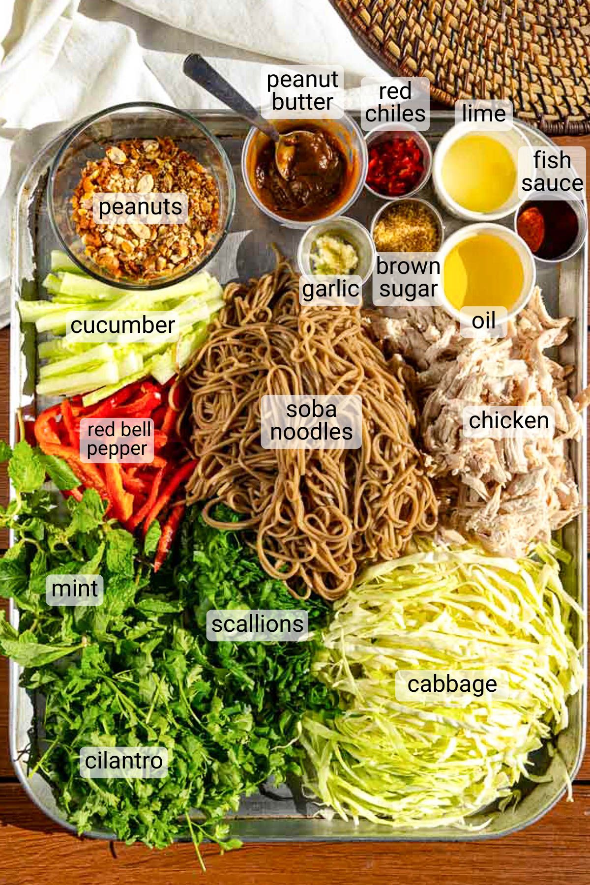 A top view of a tray containing various ingredients for a dish, each labeled. There are soba noodles, shredded chicken, cabbage, cilantro, scallions, mint, red bell pepper, cucumber, peanuts, peanut butter, red chiles, garlic, brown sugar, oil, fish sauce, and lime.
