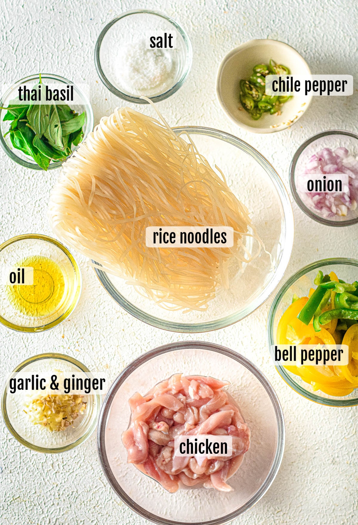 Top view of labeled ingredients for a noodle dish on a white surface: rice noodles, sliced chicken, sliced bell peppers, diced onion, chopped chile pepper, minced garlic & ginger, thai basil leaves, oil, and salt in separate bowls.