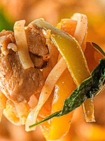 A close-up of a fork holding a portion of pasta with pieces of meat, bell pepper slices, and a basil leaf. The background is blurred, focusing on the vibrant colors and textures of the food.