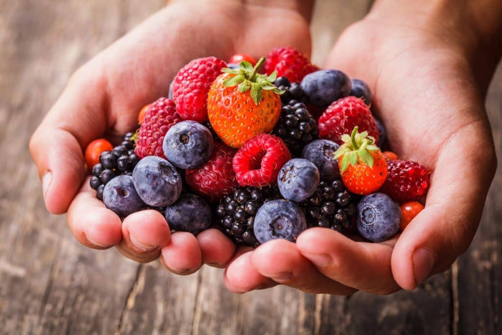 Hands holding a mix of fresh berries, including strawberries, raspberries, blueberries, blackberries, and red currants, against a wooden background.