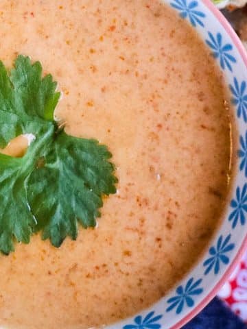 A close-up of a bowl filled with creamy sauce, garnished with a fresh cilantro leaf. The bowl has a decorative blue floral pattern along the rim. The background includes blurred elements of food and a red checkered cloth.
