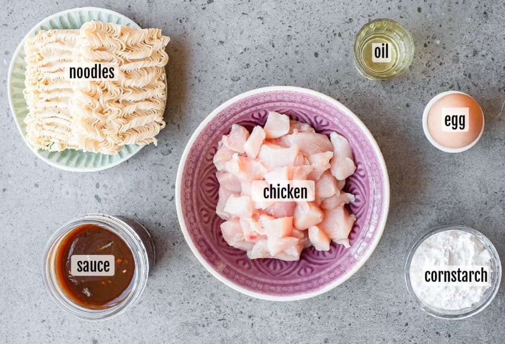 Top-down view of labeled ingredients on a gray surface: a plate of dry noodles, a bowl of chopped chicken, a glass of oil, a whole egg, a jar of sauce, and a bowl of cornstarch.